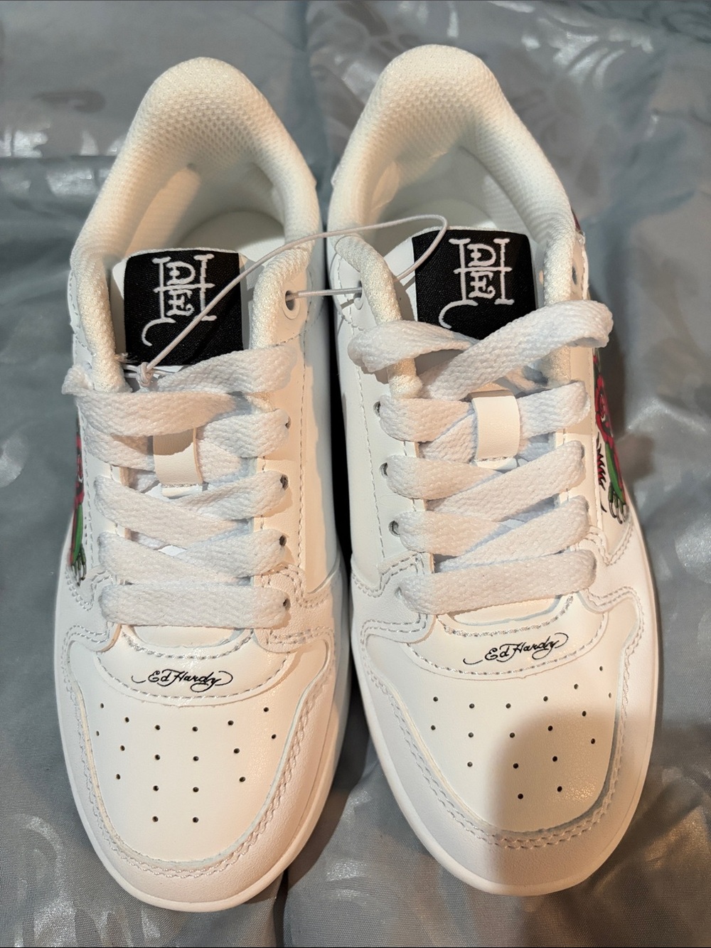Ed Hardy White Sneakers with Red & Green Tattoo Graphic